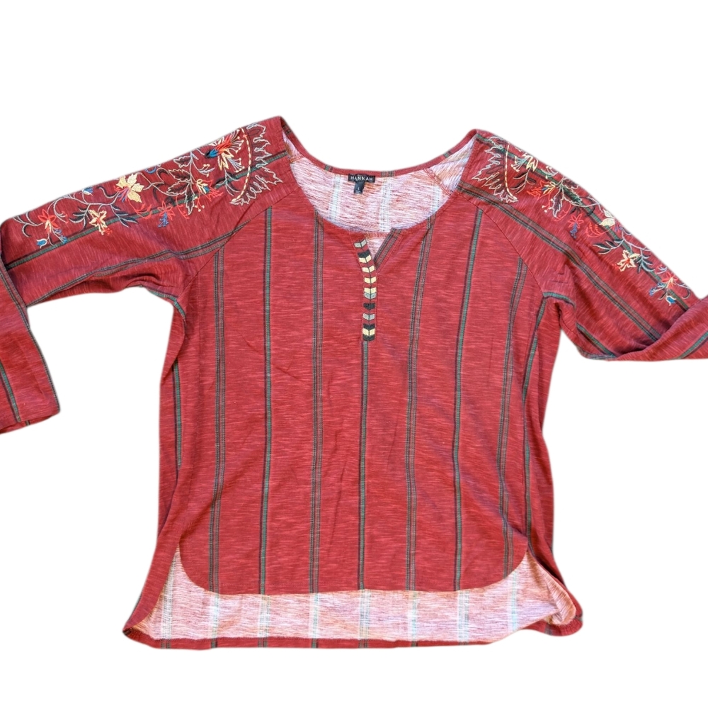 Hannah Red Embroidered Striped Cotton Top Size Large‎